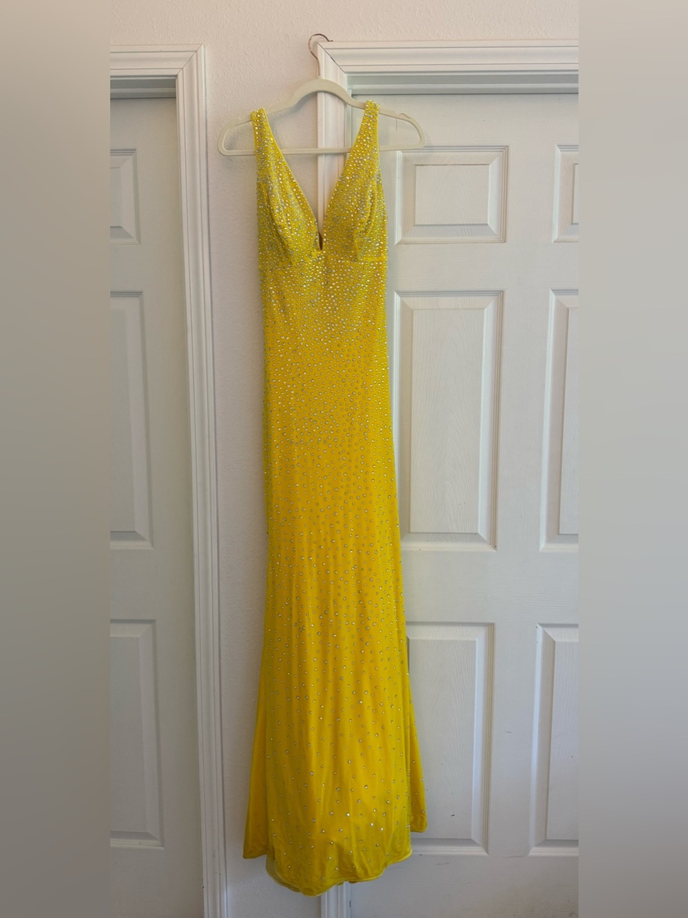 Johnathan Kayne Yellow Beaded V-Neck Prom Gown